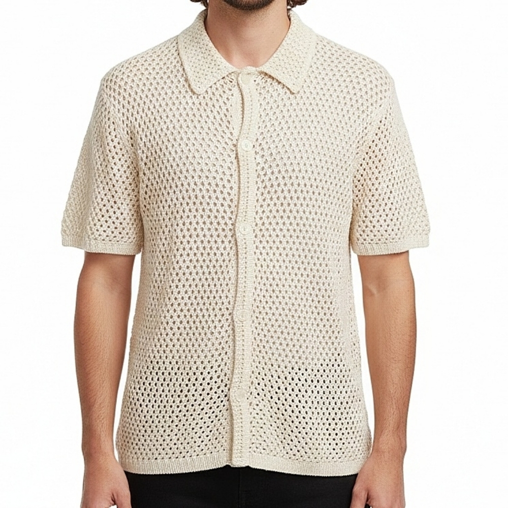 Dandy Del Mar‎ Men’s Knit Button Down Shirt Size S Tan Resort Beach Luxe